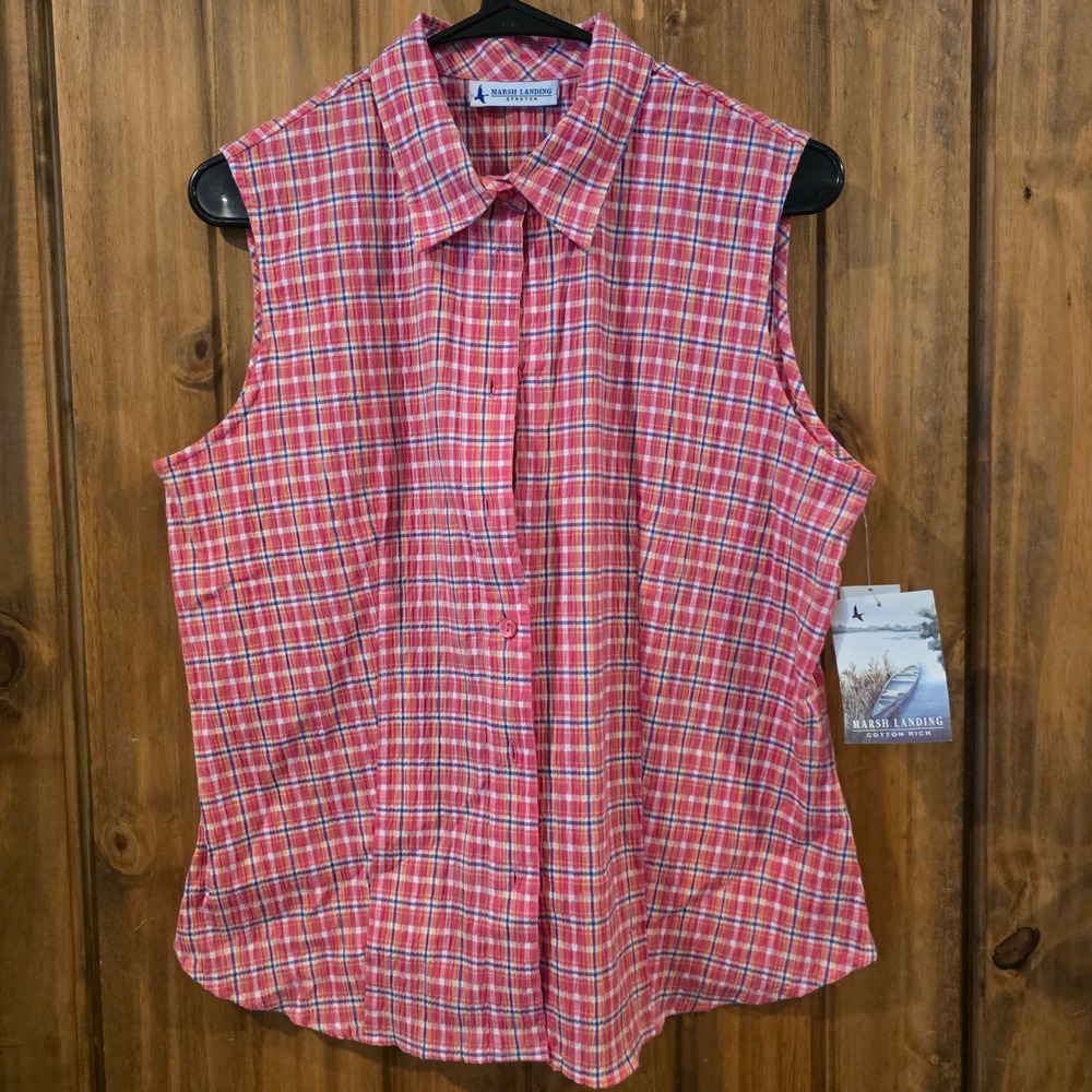 Marsh Landing Sleeveless‎ Shirt Womens Medium Pink Plaid New Stretch Button Up